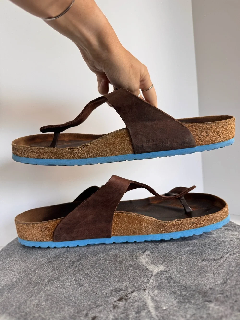 Birkenstocks Gizeh Dark Brown Leather Sandals Blue Soles 45